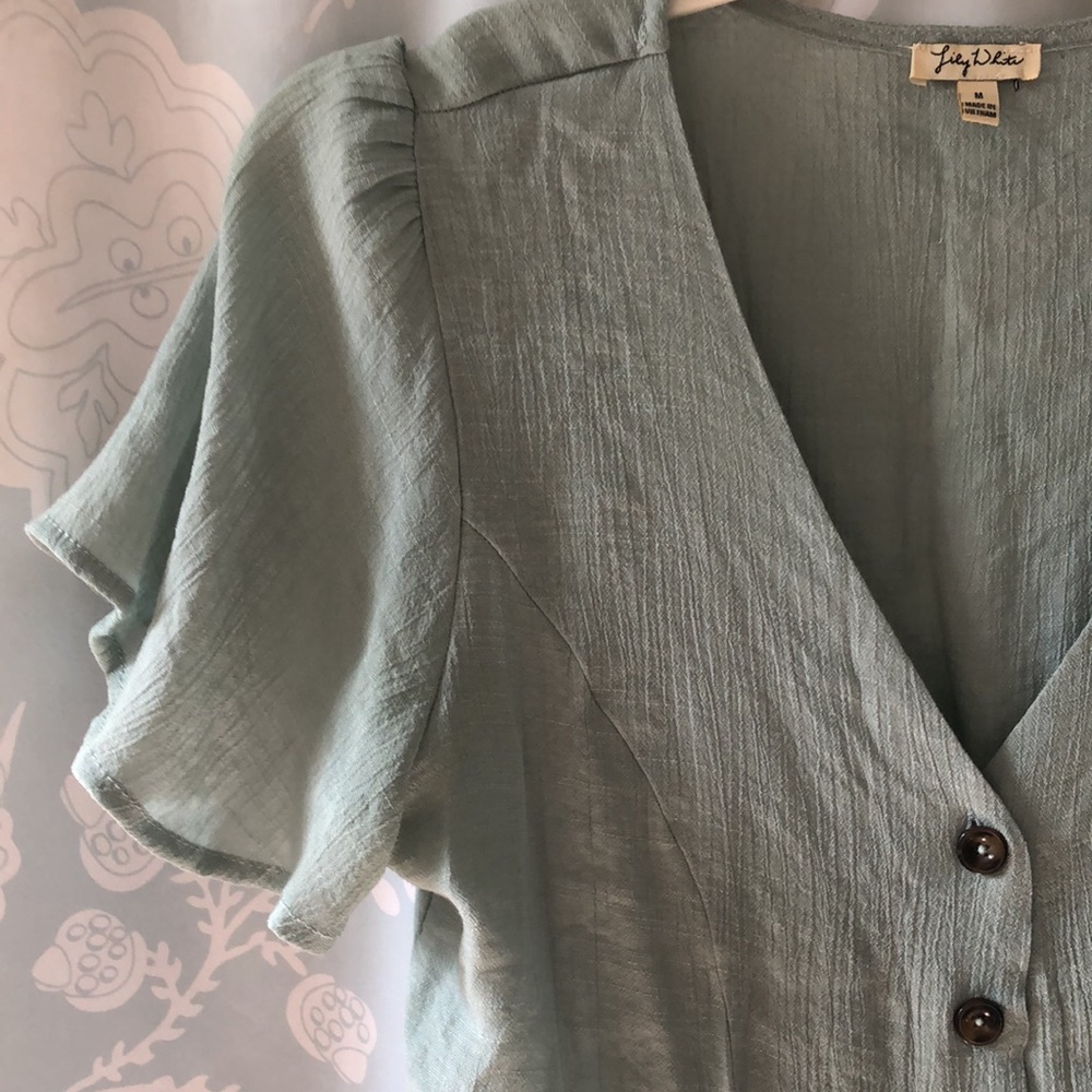 Lily White seafoam mint green top flounced sleeves peplum V-neck vintage feel - Picture 2 of 10